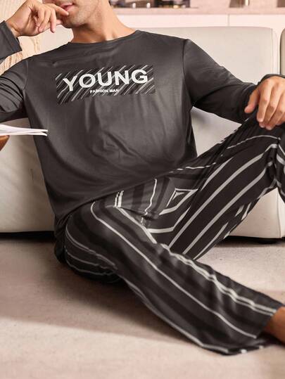 Manfinity Underwear&Sleepwear Basics 2pcs Plus Size Men's Grey Striped Pajama Set (Comfortable, Soft, And Well-Fitted For Home Wear)