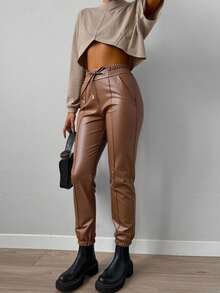 EURMUSE Pantalones de PU con cinturón - Marrón - Ver 4