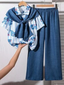 2pcs Tween Girls Casual Loose Short Sleeve Top And Pants Co-Ord Set - Blue - View 4