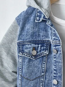 SHEIN Explorewe Denimly Boys' Casual Daily Urban Street Hoodie Fabric Patchwork Design Detachable Hood, Simple & Comfortable Washed Denim Jacket Fall Winter