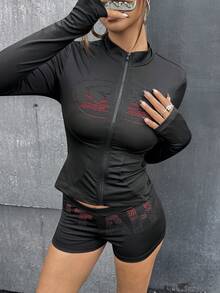 SHEIN ICON 2件套女士黑白渐变色水钻装饰紧身超短裤套装 - 黑與白 - 查看 5