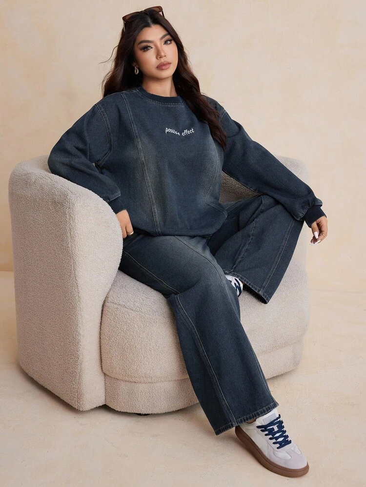 Dazy Plus 2pcs Plus Size Women Embroidered Letter Washed Dark Blue Denim Loose Long Sleeve Top And Pants Set, Spring/Autumn
