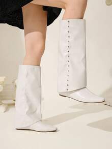 CUCCOO CHICEST Women's Fashionable Versatile Solid Color Knee-High Boots - White - View 9