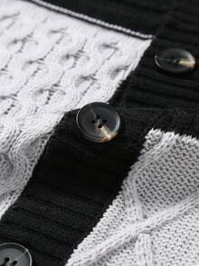 Manfinity Hypemode Men's Contrast Color V-Neck Single-Breasted Casual Knit Long Sleeve Cardigan, Autumn, Grunge Style - Black - View 4