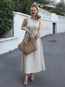 Gretanique Cotton & Linen Sleeveless A-Line Dress For Women, Spring/Summer - Apricot - View 4