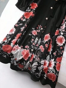 SHEIN Clasi Plus Size Women's Floral Print Metal Buckle Tie Waist Split Hem Dress, Fashionable, Elegant, Versatile, Suitable For Vacation & Romantic Occasions - Black - View 3