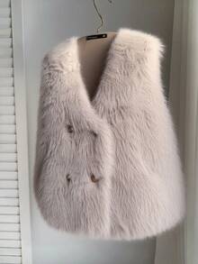 SHEIN MOD Áo khoác lông giả không tay cỡ lớn, thời trang cho mùa thu/đông - Màu Khaki - Xem 1