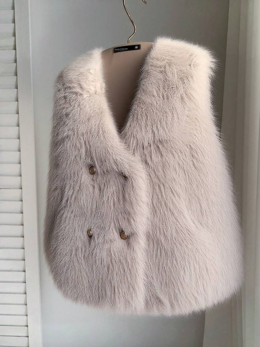 SHEIN MOD Áo khoác lông giả không tay cỡ lớn, thời trang cho mùa thu/đông - Màu Khaki - Xem 1