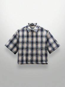 NEON BLANC Men's Street Fashion Woven Rhinestone Spider Web Plaid Short Sleeve Shirt - Blue - View 2