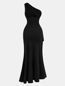 Pitira 少女派对装新款黑色不对称肩部褶皱镂空高开衩连衣裙，适合度假、约会、夏季派对、长裙、圣诞节、万圣节、春节 - 黑色 - 查看 2