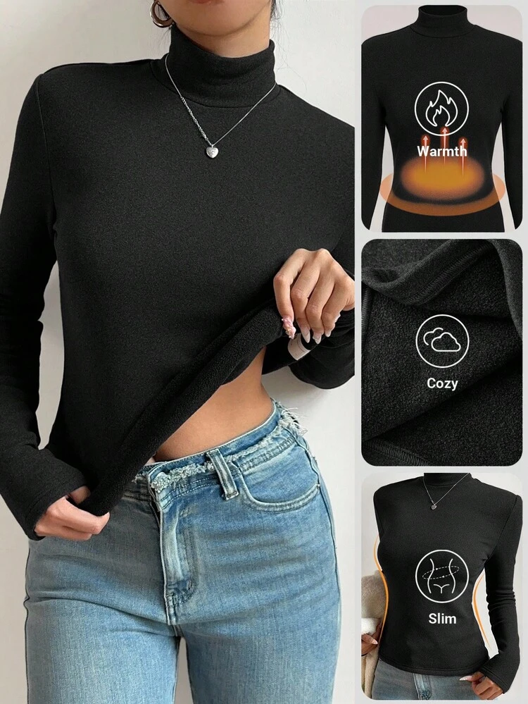 SHEIN T-shirt à manches longues décontracté à col roulé ajusté pour adolescentes, noir