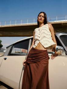 Nöista Sleeveless Fringed Button-Front Vest With Textured Tiers And A Cropped, Flattering Cut-Casual For Everyday Wear Or Graduation And Prom - Apricot - View 5