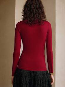 Revavyn Revavyn Women's Elegant Burgundy Autumn Knitted Top,Slim One-Shoulder Ring Buckle Decoration Brushed Bottoming Shirt,Daily Commuting Night Out Tops - Red - View 7