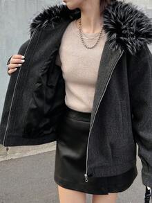 FRIFUL Áo khoác nữ cổ ve áo, viền lông mềm mại, dáng rộng, dày dặn - Xám - Xem 2