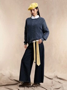 Easelle 纯色休闲百搭圆领长袖女式毛衣 - 霧霾藍 - 查看 4