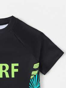 Tween Boy Tropical Print & Letter Graphic Raglan Sleeve Swimsuit Boys Big Kids (8-14 Years) 2-Piece Swim Set: Short Sleeve "SURF" Neon Green Rash Guard T-Shirt & Tropical Leaf Print Beach Shorts Quick Dry UPF 50+ Swim Trunks For Beach Surfing Boys Outfit Sets - Multicolor - View 4