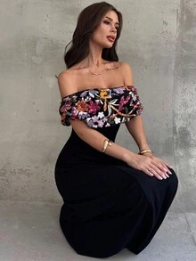 Aloruh 女士花卉亮片露肩连衣裙，优雅迷人 - 黑色 - 查看 6