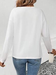 EMERY ROSE Camiseta casual versátil de mujer con cuello en V, manga larga y estampado de retrato geométrico, un éxito de en otoño/invierno - Blanco - Ver 2