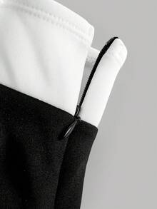 Pitira 少女黑白撞色露肩大蝴蝶结装饰派对礼服，伴娘礼服，优雅正式晚宴婚礼宾客礼服，适合毕业典礼、晚宴、春节、圣诞节、万圣节、秋冬季单肩连衣裙，女童黑白吊带派对礼服 - 黑與白 - 查看 5