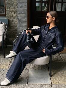 DAZY Women's Casual Long Sleeve Jacket And Wide Leg Jeans Suit, Autumn - Navy Blue - View 6