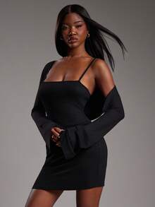 NYA SZN Langarm Kleid, figurbetonter Bodycon-Schnitt, Volantärmel, Basic Alltagskleidung, süß, Business Lässig, für Geburtstag, Hochzeit, Büro, Lehrerin, Rückkehr zur Schule, Herbst, Winter, geeignet für Pendleroutfits für Frauen - Schwarz - Übersicht 6