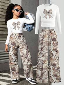 SHEIN ChillGRL 2 件套女童迷彩裤和蝴蝶结印花长袖上衣，服装套装 - 彩色 - 查看 2