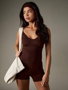 MISSGUIDED 女士塑身短裤连体衣健身芭蕾运动连体衣无袖修身紧身衣适合骑行瑜伽练习跑步 - 棕色 - 查看 3