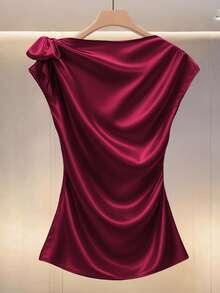 Modelyn Solid Color Satin Pleated Bowknot Waist Blouse Satin Blouse With Bow Maroon Blouse Dark Red Satin Top Wine Red Top Burgundy Satin Blouse Burgundy Satin Top Satin Top With Bow Wine Red Formal Top Dark Red Satin Blouse Maroon Elegant Top