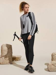 Easithlete 女式休闲拼色长袖户外T恤，秋季 - 灰色 - 查看 5