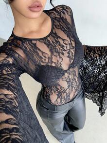 Aloruh 万圣节蝙蝠袖黑色蕾丝连体衣，女士优雅性感夜店连体衣，Y2K风格，时尚女士连体衣，万圣节服装，万圣节服饰，女士秋季穿搭，哥特风服饰，哥特风，休闲风，乡村音乐会服装，派对，夜店音乐节 - 黑色 - 查看 8