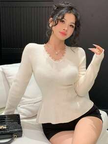 DAZY Women's Elegant Commuter Solid Color Lace Trim Waist Sweater Fall - White - View 7
