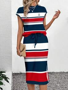 SHEIN LUNE 2pcs/Set Women Striped Contrast Print Puff Sleeve T-Shirt And Mini Skirt, Fitted Silhouette, Suitable For Spring/Summer Suitable For Going Out