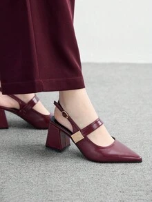 CUCCOO BIZCHIC 女士时尚酒红色金属搭扣装饰粗跟鞋，经典简约设计，适合通勤、约会、派对、度假、婚礼等场合。 - 酒紅色 - 查看 5