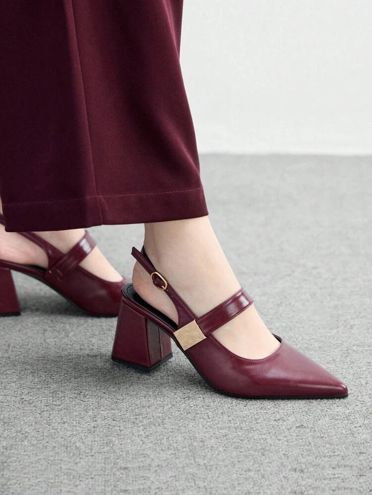 CUCCOO BIZCHIC Women's Fashion Burgundy Metal Buckle Decor Chunky Heels Pumps, Classic Minimalist Design For Commute, Date, Party, Holiday, Wedding Spring Shoes