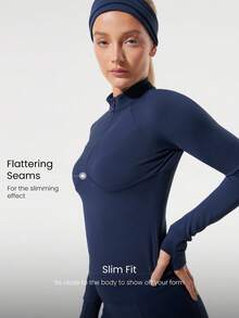 GLOWMODE Slim Fit warmer Taillenlanger 1/4 Reißverschluss Strick Langarm-Oberteil mit Daumenöffnungen für Laufen, Joggen, Wandern, Fitness, Training und tägliche Aktivitäten, feuchtigkeitsableitend - Dark Blue - Übersicht 4