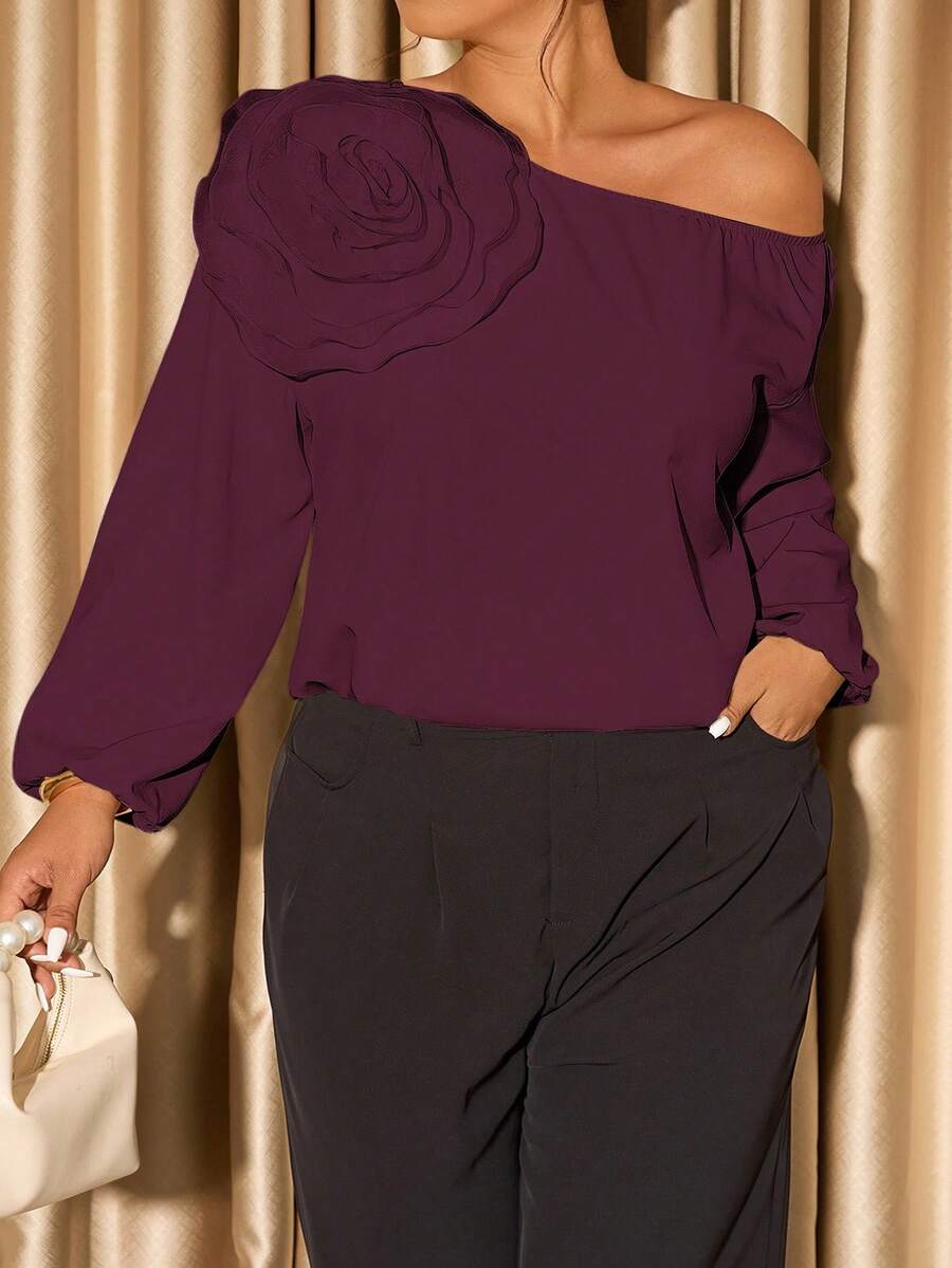 Cravure Blusa elegante e minimalista da donna con spalle scoperte, maniche lunghe e decorazione floreale 3D color albicocca, adatta per l'estate - Viola viola - Visualizzare 1