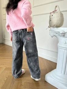 SHEIN Explorewe Girls' Fashionable Casual Heart Embroidery Loose Straight Leg Jeans Fall Winter Girls Heart Jeans Girls Embroidered Jeans - Black - View 2