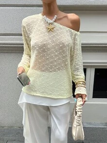 Chiquease Women's Pale Yellow Elegant Long-Sleeved T-Shirt,Autumn Holiday Tea Party,Hollow Lace Fabric,Off-Shoulder Solid Color Textured Fabric Versatile Top - Yellow - View 3