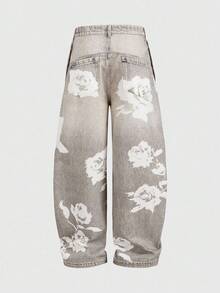 ROMWE MEN Street Life Herren Jeans mit Blume Muster und Tasche, lockere Passform, weites Bein, lässig - Grau - Übersicht 2