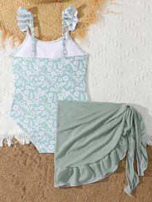 1pc Tween Girl Random Print One-Piece Swimsuit - Dark Green - View 2