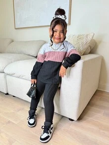 2 件套年轻女孩罗纹针织连帽运动衫和紧身裤，休闲日常时尚百搭秋冬服装 - 彩色 - 查看 5