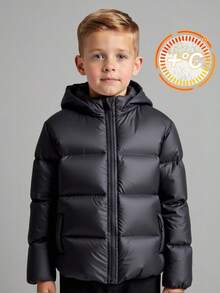 SHEIN Young Boy Black Loose Fit Casual Thick Quilted Hooded Jacket, Suitable For Autumn/Winter Fall - Black - View 10