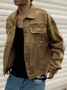 Manfinity LEGND Áo khoác denim tay dài dáng rộng, túi hộp, họa tiết tua rua, thường ngày cho nam mùa thu - màu nâu - Xem 5