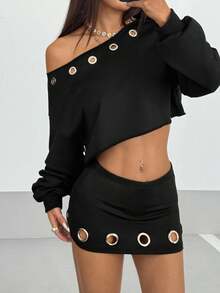 StreetHx Streetwear 女款孔眼镂空装饰衬里短裤，低腰超短裙，秋季 - 黑色 - 查看 5