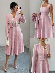 Elenzga 2 件套女士初秋约会装，适合返校，教师装，成熟优雅 OL 通勤商务休闲办公室风格，法式浪漫甜美韩版串珠收腰 A 字中长连衣裙和长袖短外套，粉色 - 粉色 - 查看 3