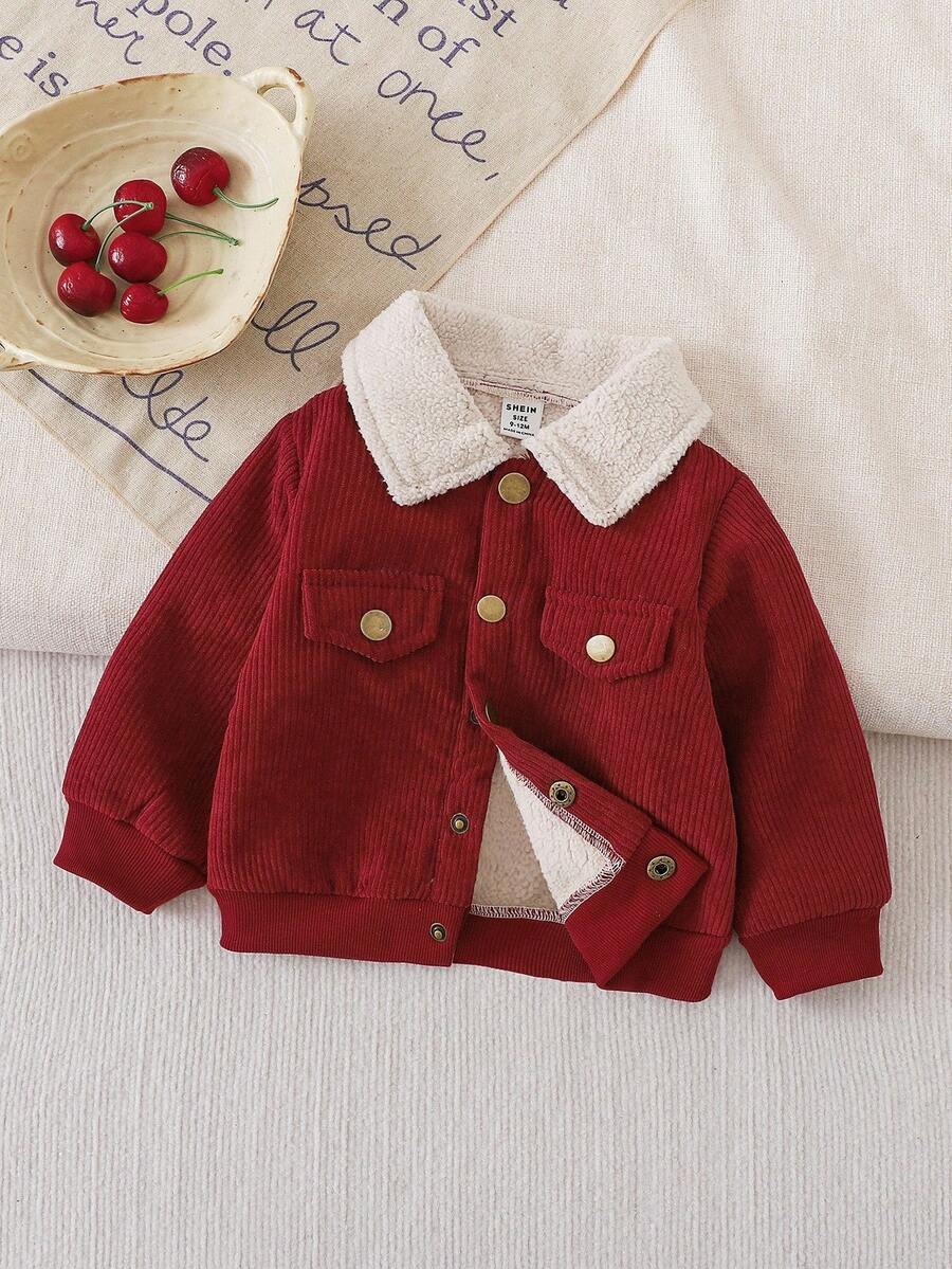 SHEIN Vintaside Kids 男婴休闲翻盖口袋保暖外套，适合秋冬季节穿着 - 酒紅色 - 查看 1