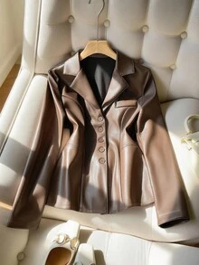 Franclia 女士翻领收腰优雅办公室通勤PU夹克 - 鏽棕色 - 查看 7