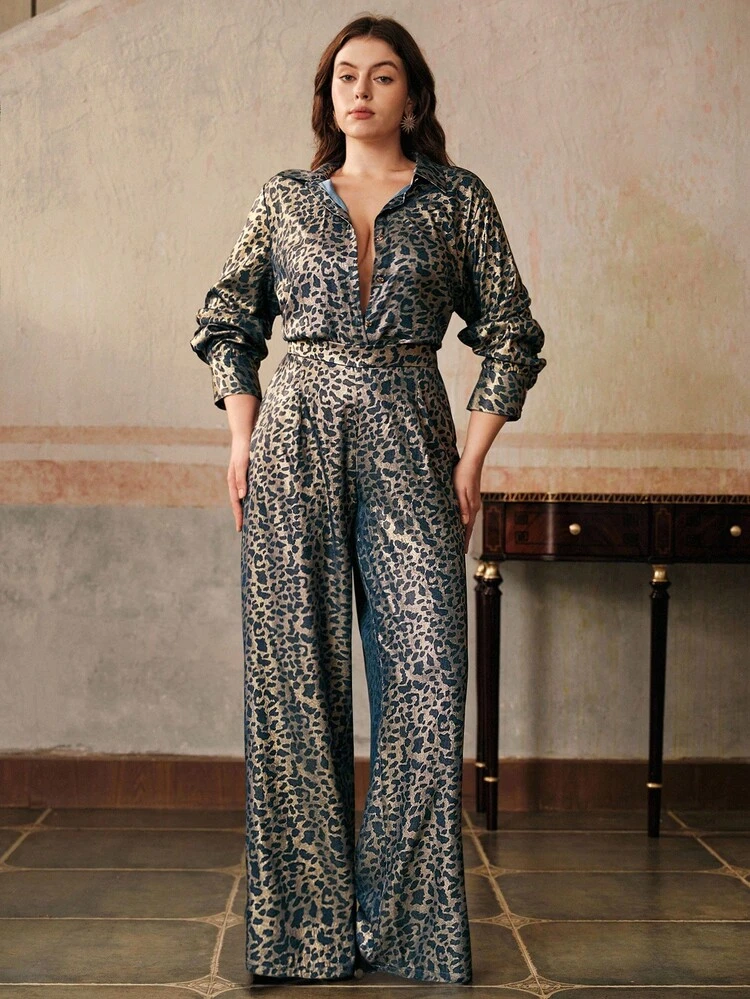 Plus Size Women's Autumn/Winter New Stylish Casual Loose High Waist Wide Leg Pants, Elegant Leopard Print, Suitable For Dates, Parties, Halloween, Christmas, Urban Commute