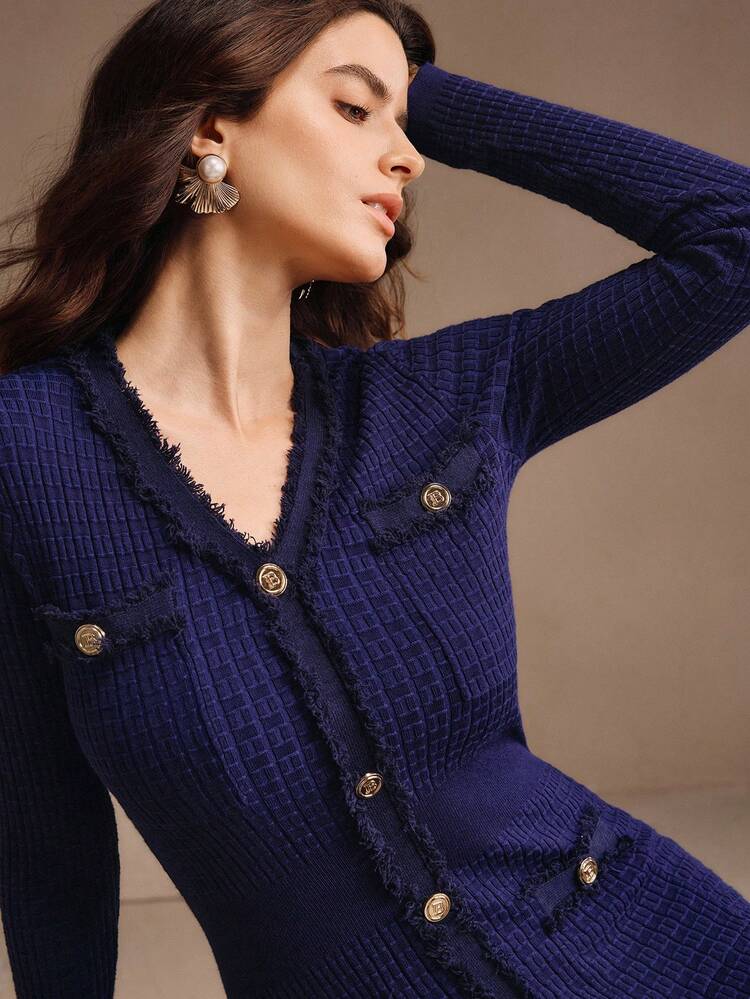 Women's Elegant Long Sleeve Metal Single-Breasted Dress, Suitable For Fall, Winter, Spring, New Year, Party, Wedding, Elegant, Chic, Stylish, Elegant Dresses For Party, Cozy, Thanksgiving, Christmas