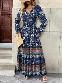 EMERY ROSE 花卉索环孔眼系带荷叶边下摆连衣裙 超长度假海滩装 女款 - 藍色 - 查看 6